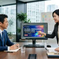 会議室で、応募者がモニターに映したバナーの作品を指しながら面接官に説明している様子