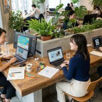 明るいコワーキングスペースで、ノートパソコンに向かってデザインの作業を進める人たち