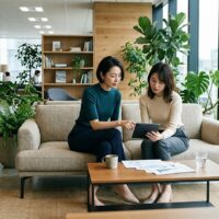 事業会社のオフィスで、未経験のWebデザイナー志望者の志望動機について相談する2人