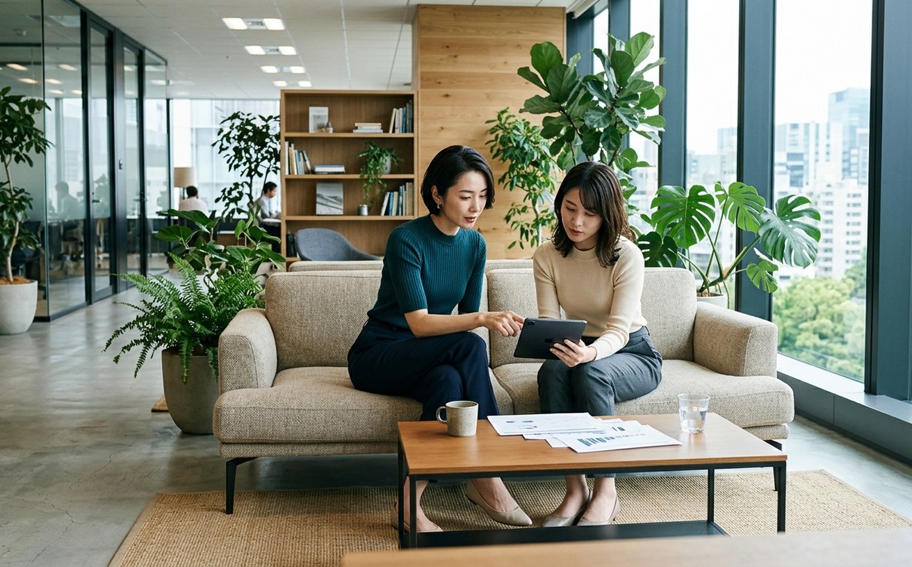 事業会社のオフィスで、未経験のWebデザイナー志望者の志望動機について相談する2人