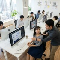 明るいWebデザインスクールの教室で、男性講師が女性受講生のパソコン画面を指しながら教えている