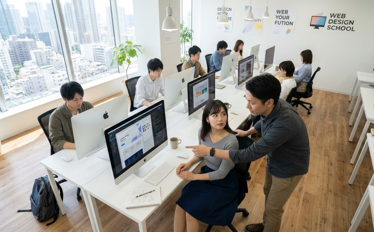 明るいWebデザインスクールの教室で、男性講師が女性受講生のパソコン画面を指しながら教えている