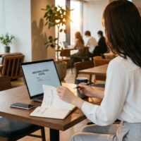 Webデザインスクールのラウンジで、女性がノートパソコンのパスワード入力画面と手元のメモを見比べている