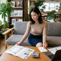 Webデザインスクールのラウンジのソファで、コース案内と電卓、ノートパソコンを見比べてメモを取る女性