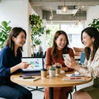 明るいWebデザインスクールのラウンジで、ノートパソコンとスマートフォンを見ながら笑顔で話す女性3人