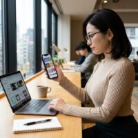 Webデザインスクールの窓際の席で、女性がスマートフォンのSNSに並んだ作品とノートパソコンのポートフォリオサイトを見比べている