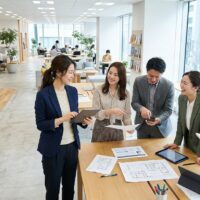 事業会社のオフィスで、デザイナーが社内のメンバーに囲まれてデザインの相談を受けている様子