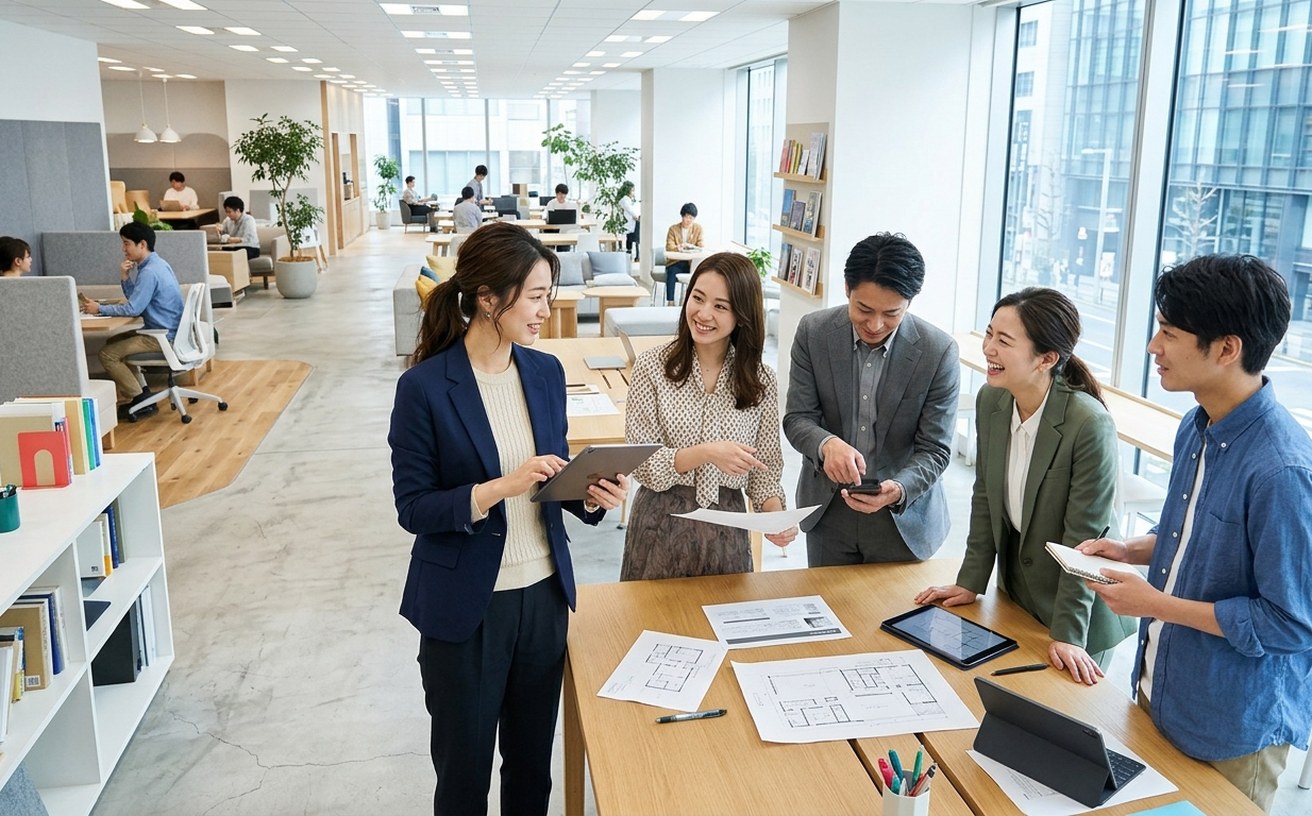 事業会社のオフィスで、デザイナーが社内のメンバーに囲まれてデザインの相談を受けている様子