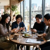 駅前のカフェの窓際で、スマートフォンの画面を見せ合いながら笑う4人