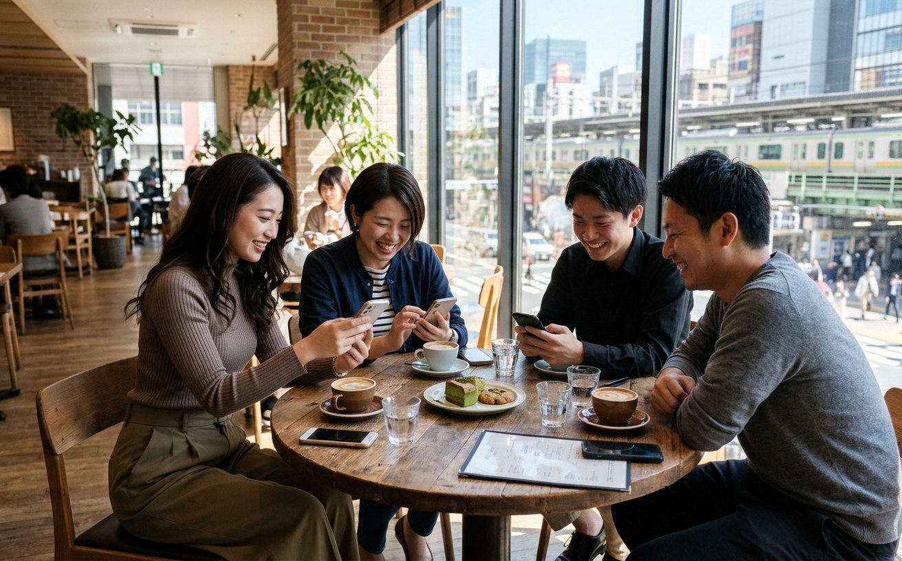 駅前のカフェの窓際で、スマートフォンの画面を見せ合いながら笑う4人