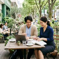 緑の多いカフェのテラス席で、ノートパソコンと問題集を広げて一緒に試験勉強をする男女