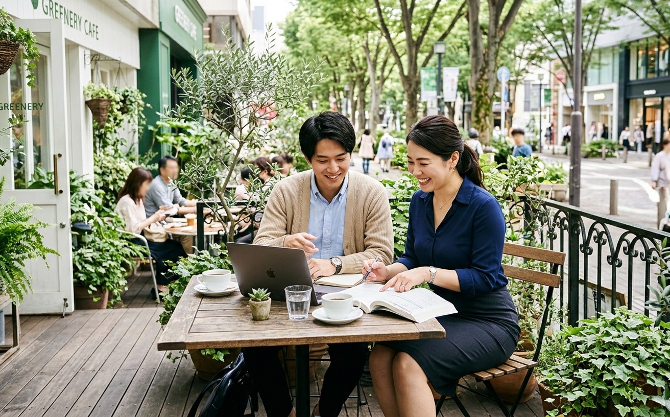 緑の多いカフェのテラス席で、ノートパソコンと問題集を広げて一緒に試験勉強をする男女