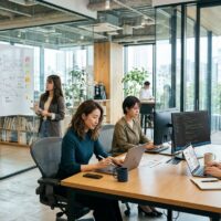 ガラス張りのオフィスで、ホワイトボードで設計を話し合う人とパソコンでデザインやコーディングを進める人たち