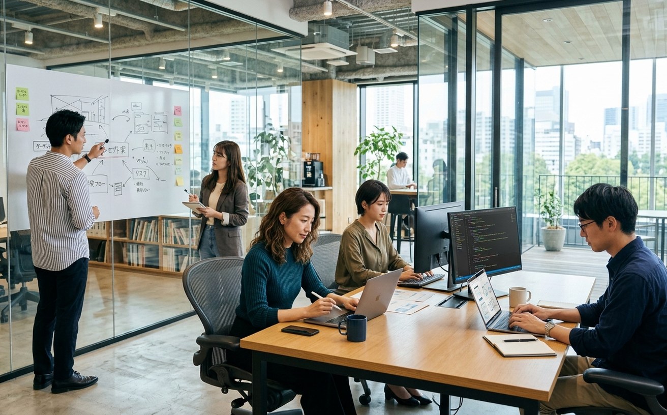 ガラス張りのオフィスで、ホワイトボードで設計を話し合う人とパソコンでデザインやコーディングを進める人たち