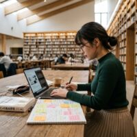 明るい図書館の机で、Webデザインの本を横に置き、ノートにまとめながら学習する女性