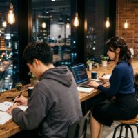 夜景が見えるコワーキングスペースで、試験問題を解く男性とノートパソコンで勉強する女性