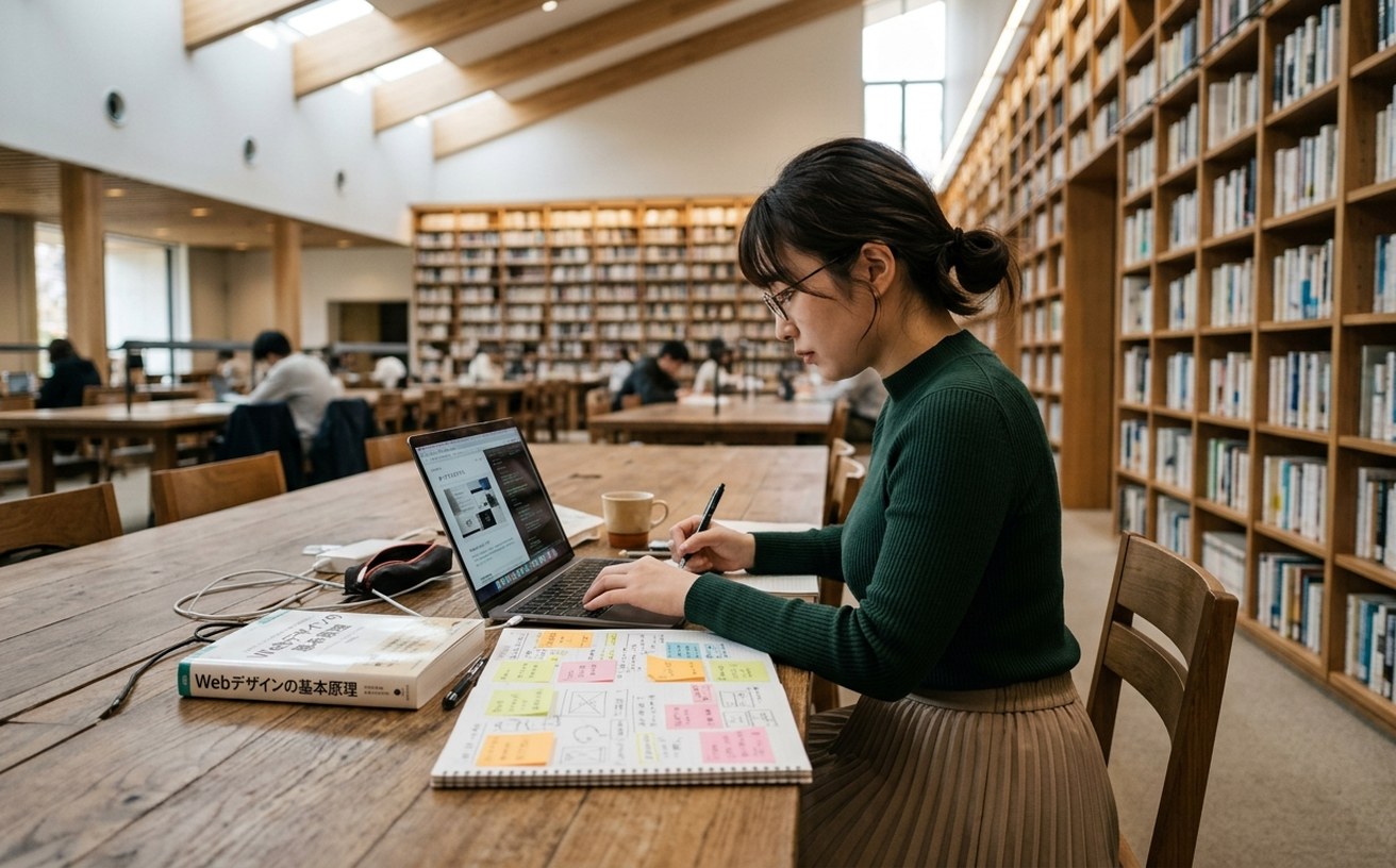 明るい図書館の机で、Webデザインの本を横に置き、ノートにまとめながら学習する女性