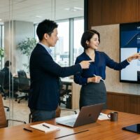 事業会社の会議室で、Webデザイナーとディレクターがモニターのデザインを指して話し合う様子