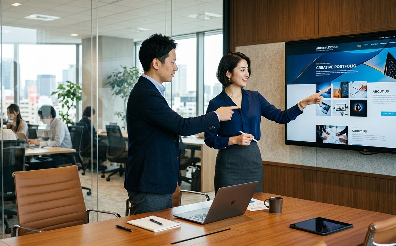事業会社の会議室で、Webデザイナーとディレクターがモニターのデザインを指して話し合う様子
