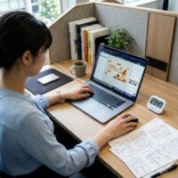 スクールの個別ブースで、女性がタイマーを横に置き、ラフの紙を見ながらノートパソコンでバナーを作っている