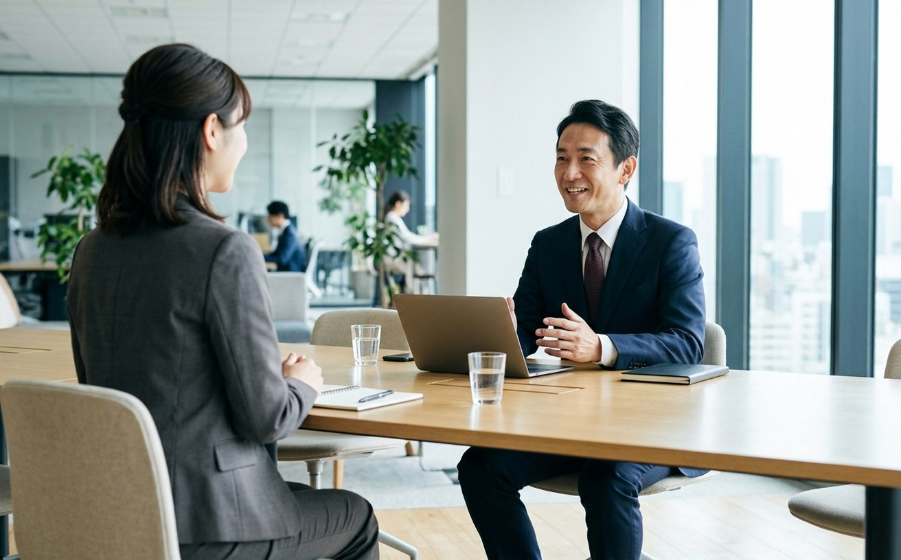 明るいオフィスの面接で、ジャケット姿の女性が、スーツ姿の面接官と向かい合って話している