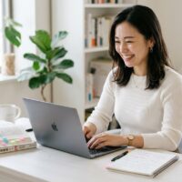 明るい部屋のデスクで、付せんを貼った参考書を横に置き、ノートパソコンで資格の勉強をする女性