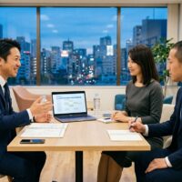 Webデザインスクールのカウンセリングで、受講の予定を相談する社会人の男女と講師